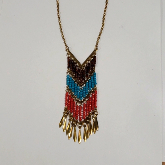 Bohemian Chevron Colorful Beaded Fringe Necklace - Women's Statement Jewelry - Picture 6 of 8